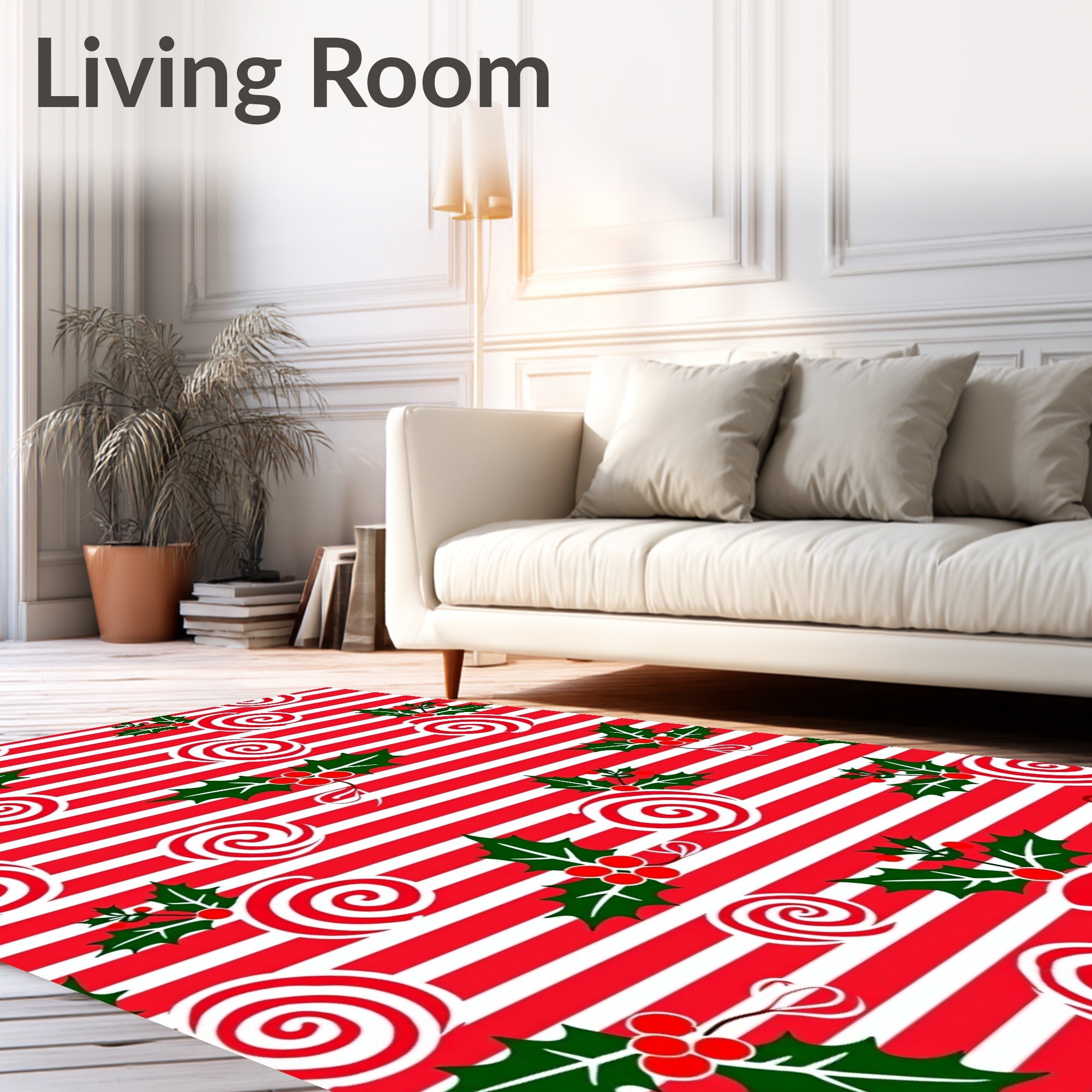 Red White Swirls Holly Christmas Stripes Rug