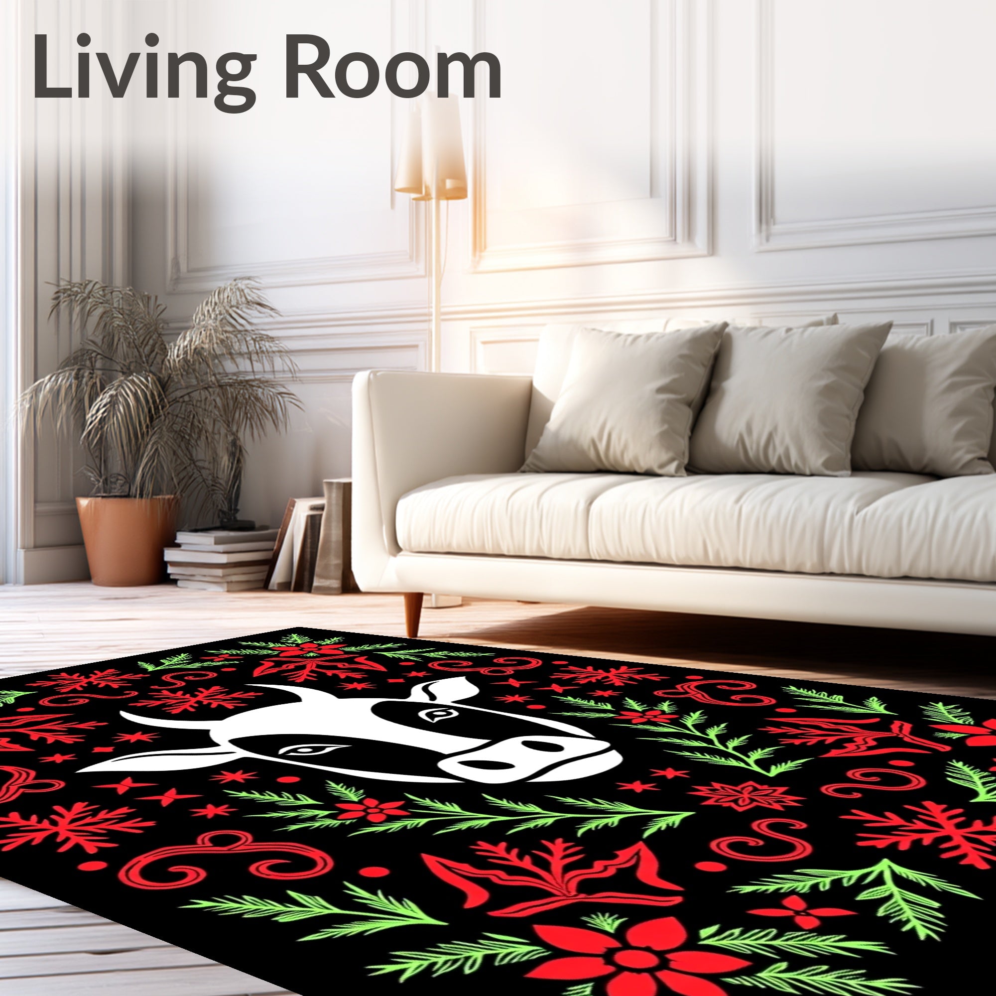 White Bull With Red Green Festive Accents Rug