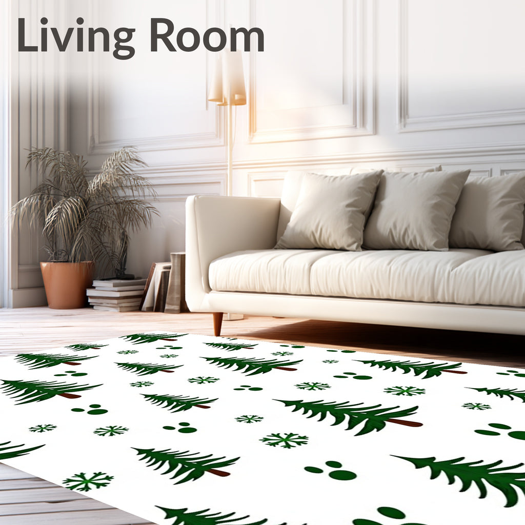 Green Pine Snowfall Paw Prints Rug