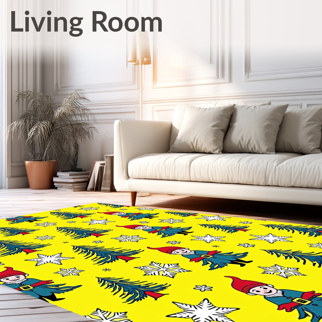 Cheerful Yellow Christmas Gnomes Trees Rug