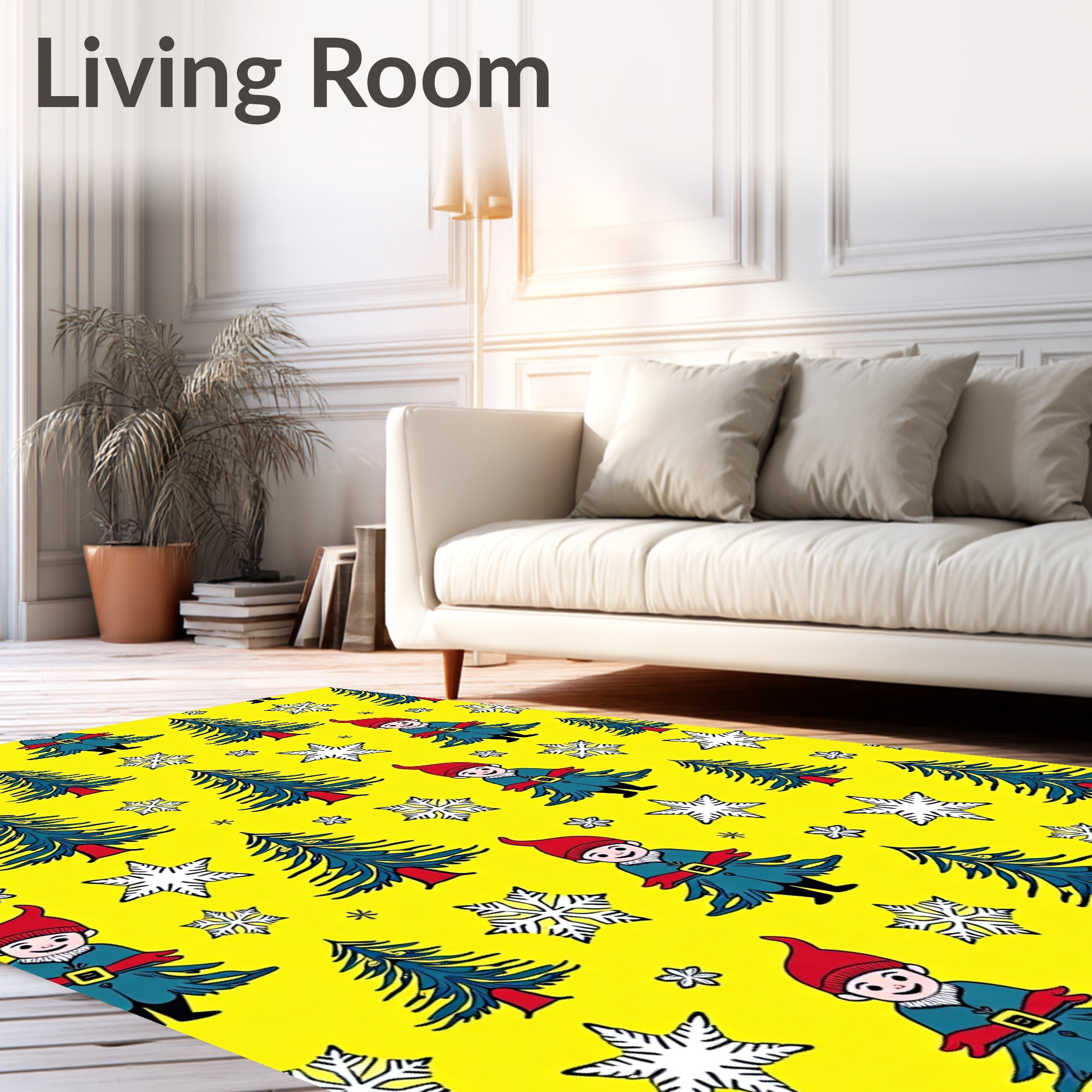 Cheerful Yellow Christmas Gnomes Trees Rug