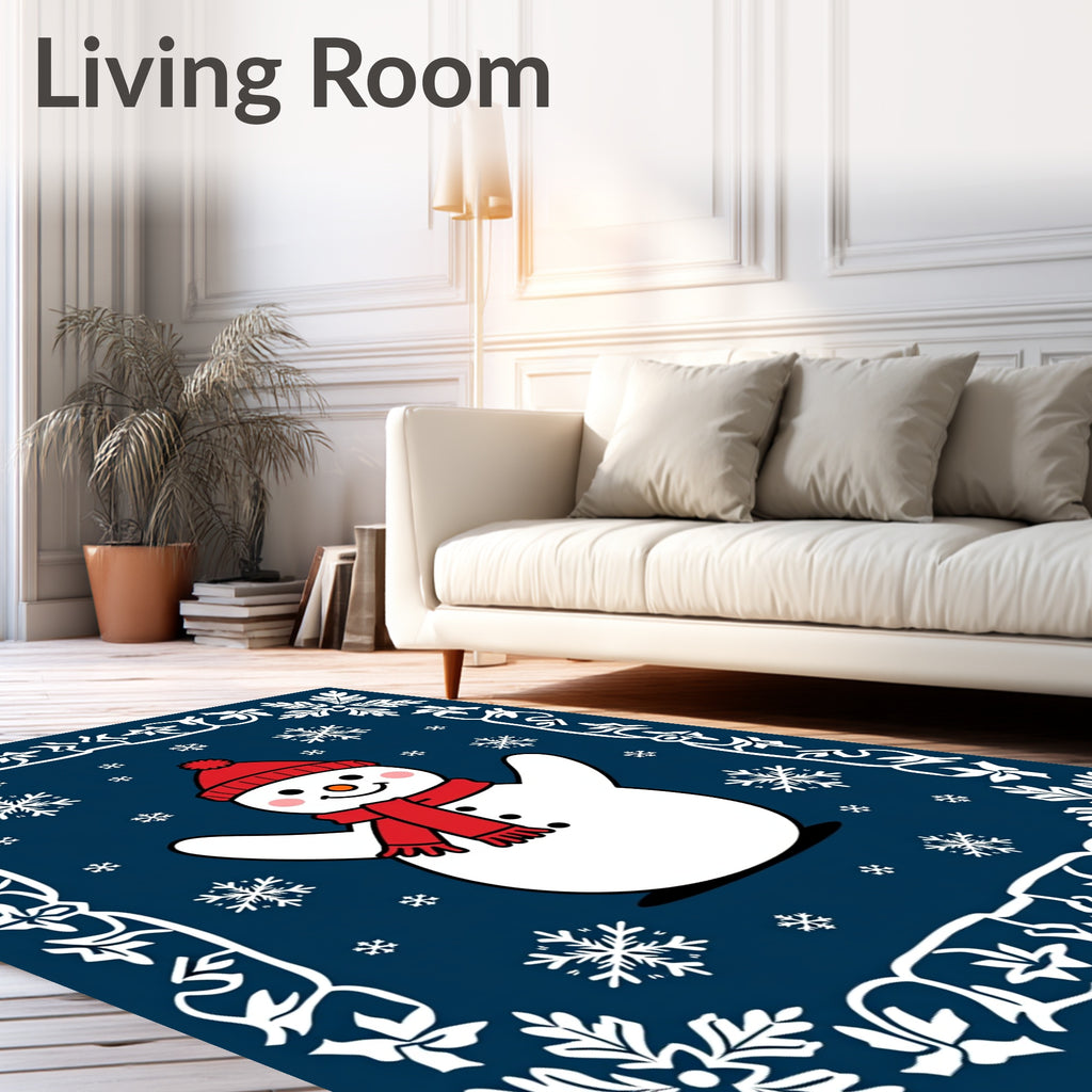 Charming Snowman Red Hat Snowflakes Border Rug