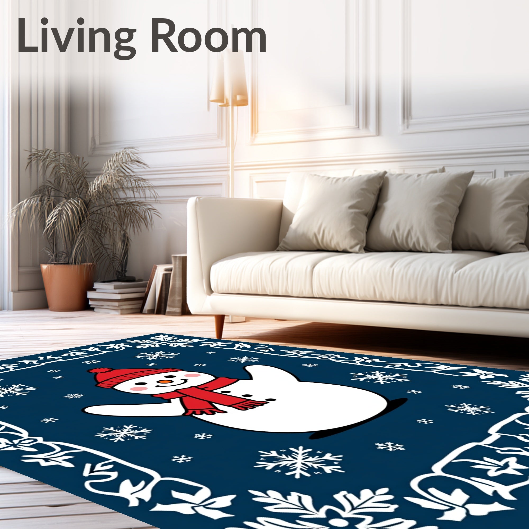 Charming Snowman Red Hat Snowflakes Border Rug