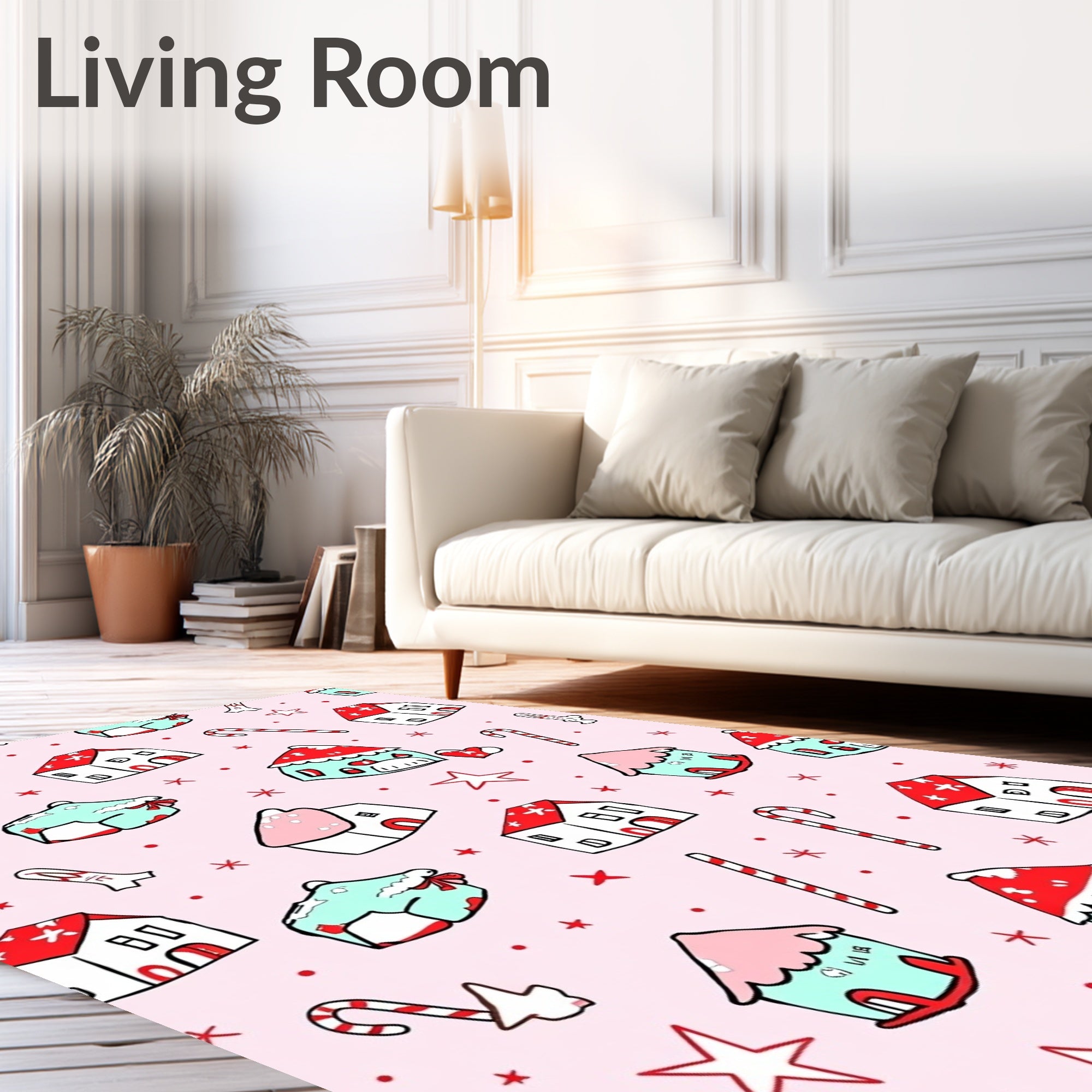 Festive Houses Candy Cane Stars Pink Rug