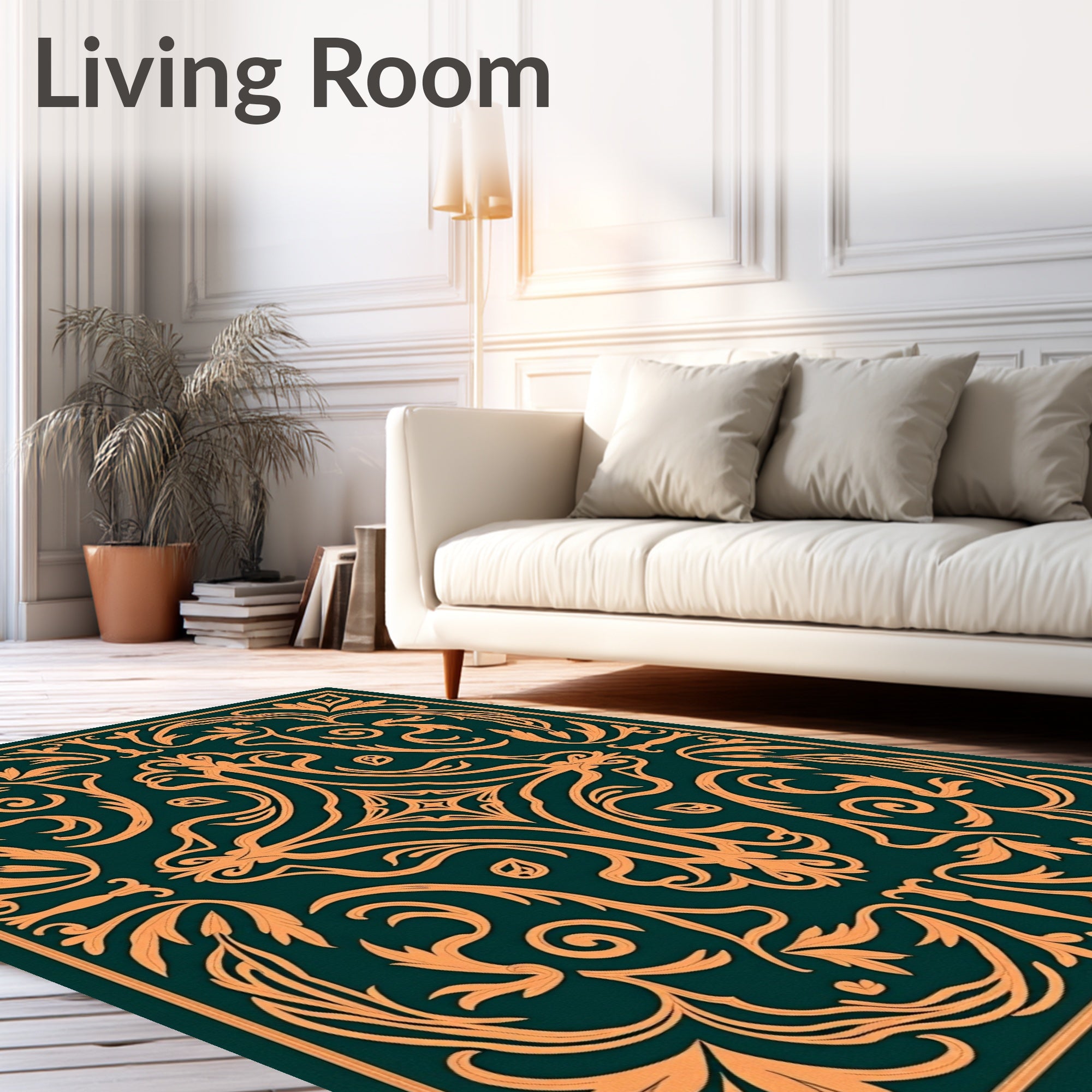 Orange Floral Vines on Emerald Background Rug