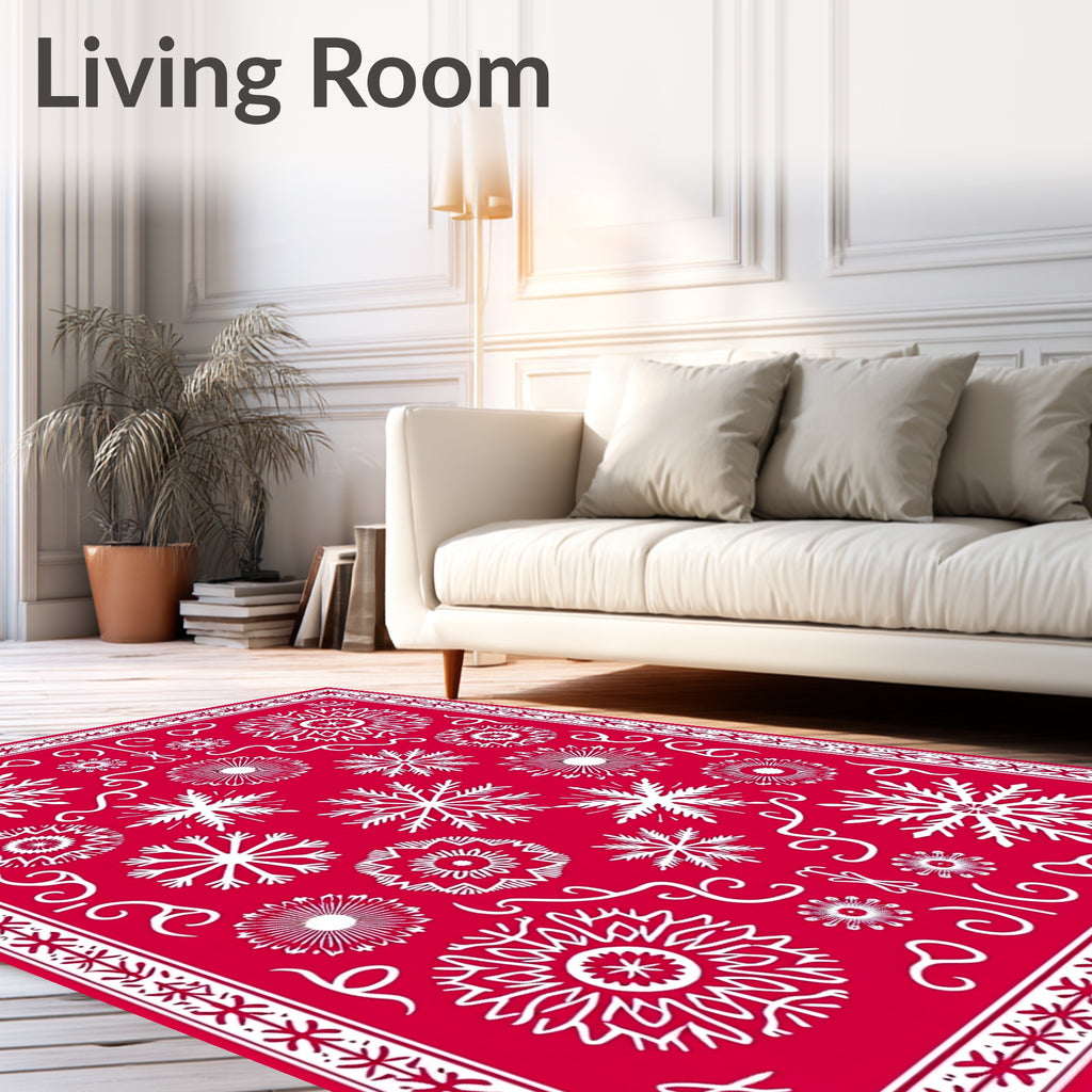 Crimson White Snowflake Medallion Collage Rug