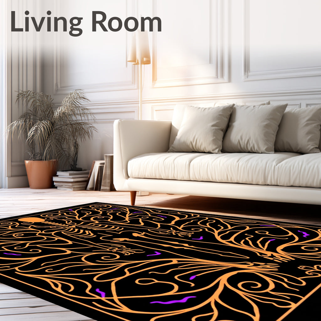 Orange Skeleton With Swirling Vines Rug