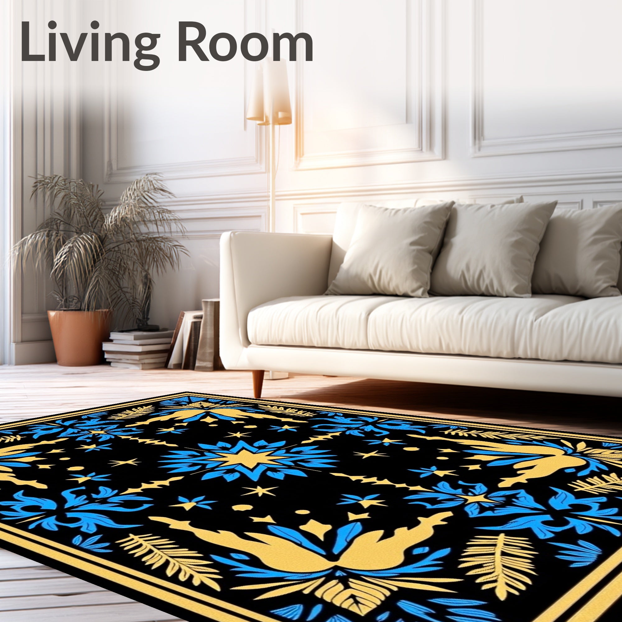 Black Blue Yellow Floral Symmetry Rug