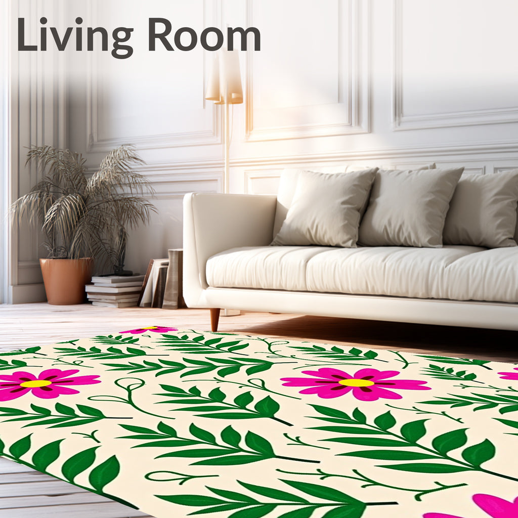 Fuchsia Floral Green Leaf Garden Rug