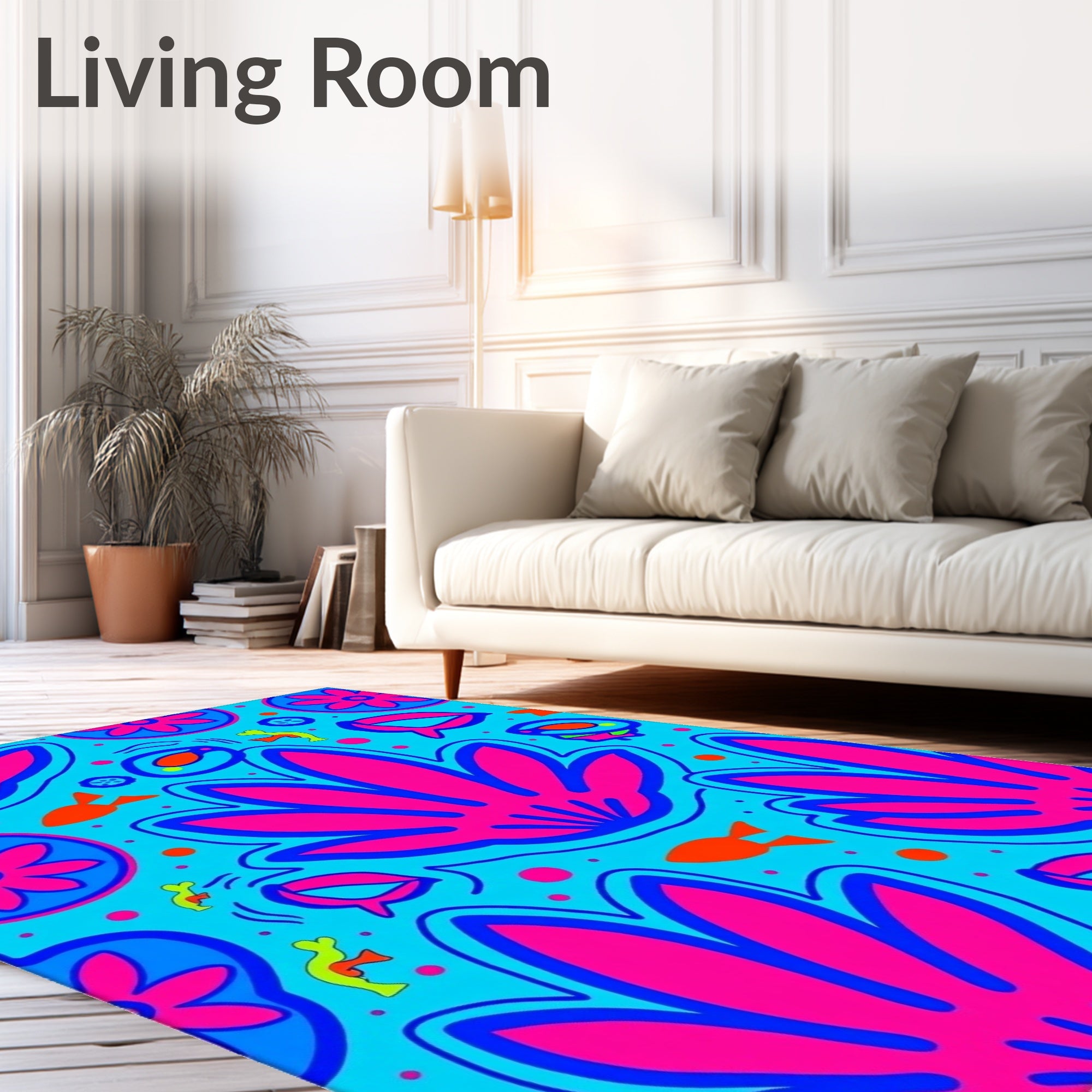 Vibrant Aqua Pink Floral Fish Medley Rug