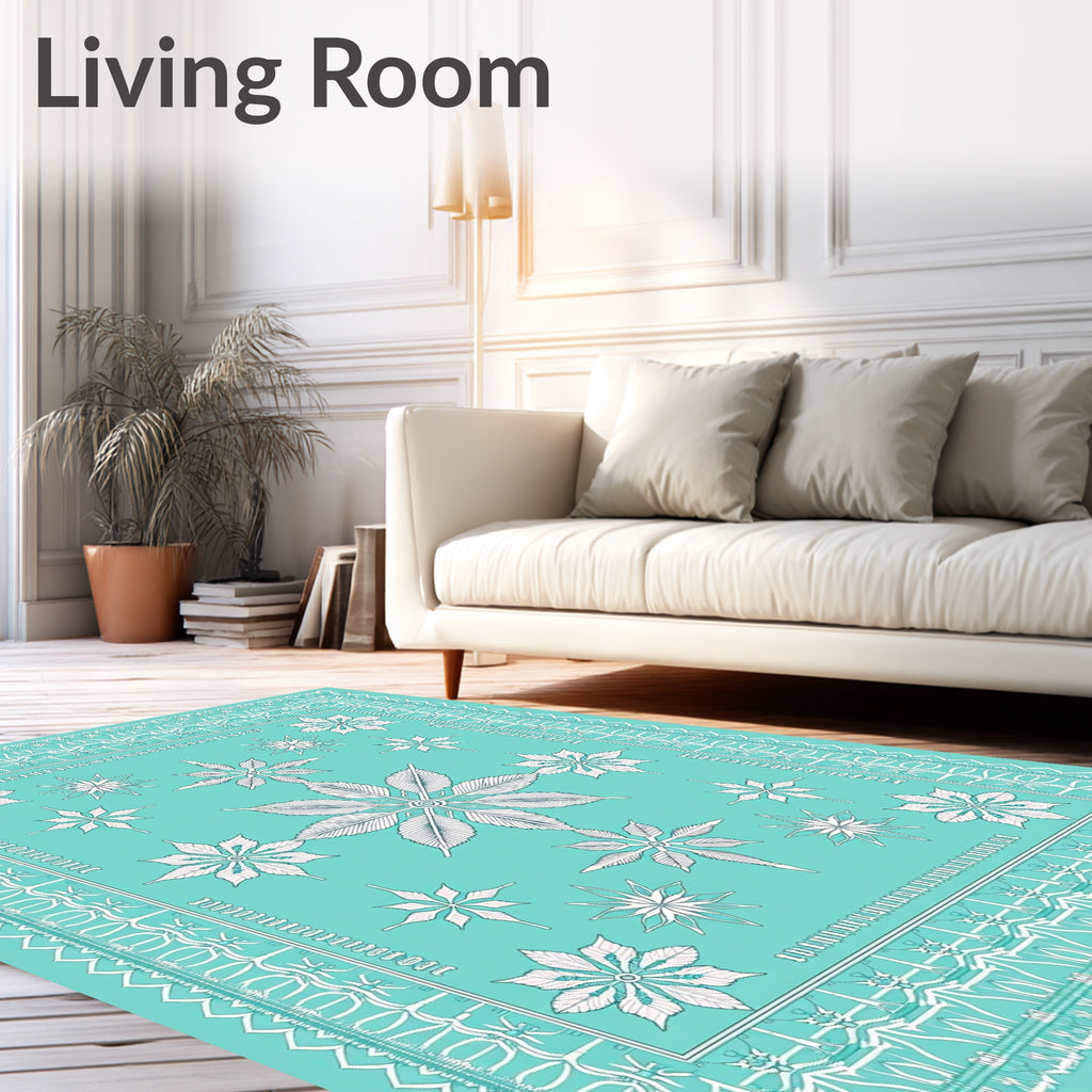 Turquoise White Starburst Floral Mandala Rug