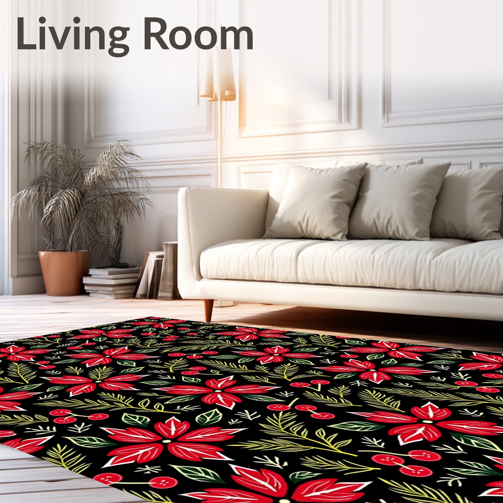 Red Poinsettia Floral Berry Garland Rug