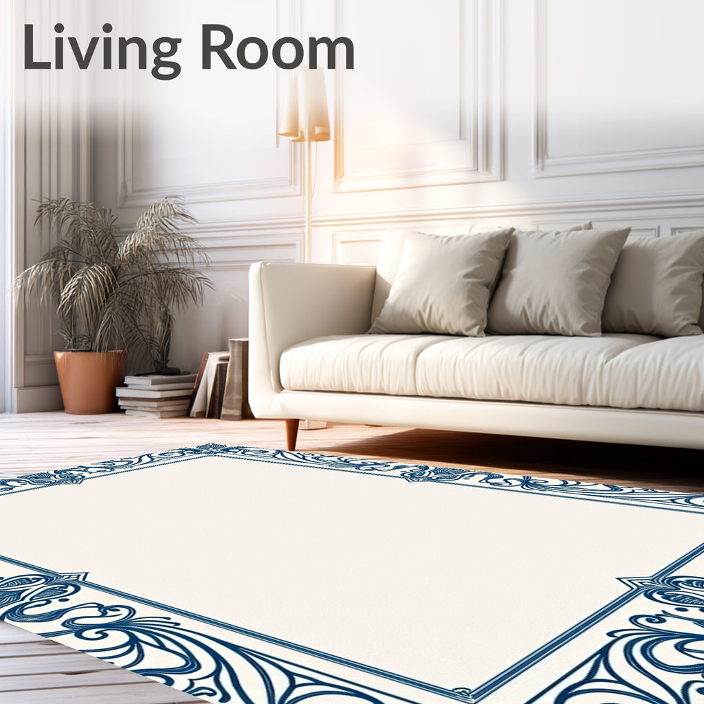 Ornate Deep Blue Floral Scroll Frame Rug