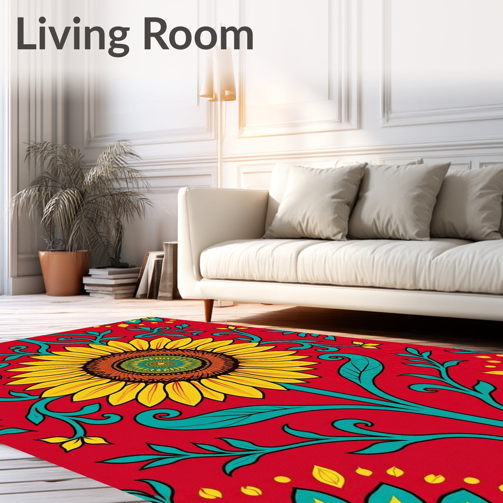 Vibrant Red and Yellow Sunflower Floral Art Rug