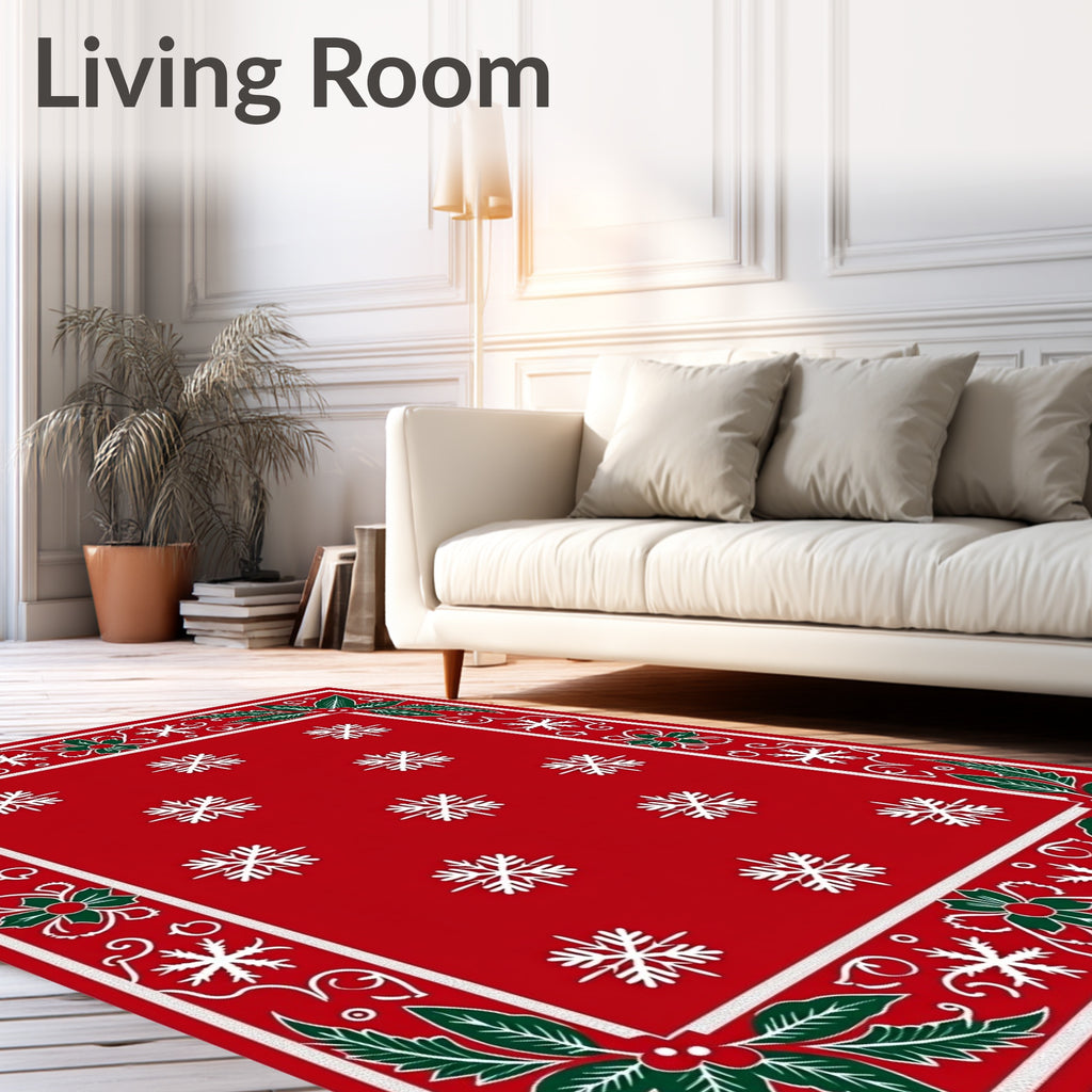 Christmas Red Snowflake Holly Border Rug