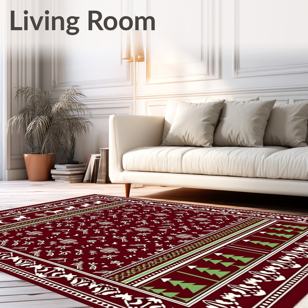 Deep Red Deer and Trees Rug