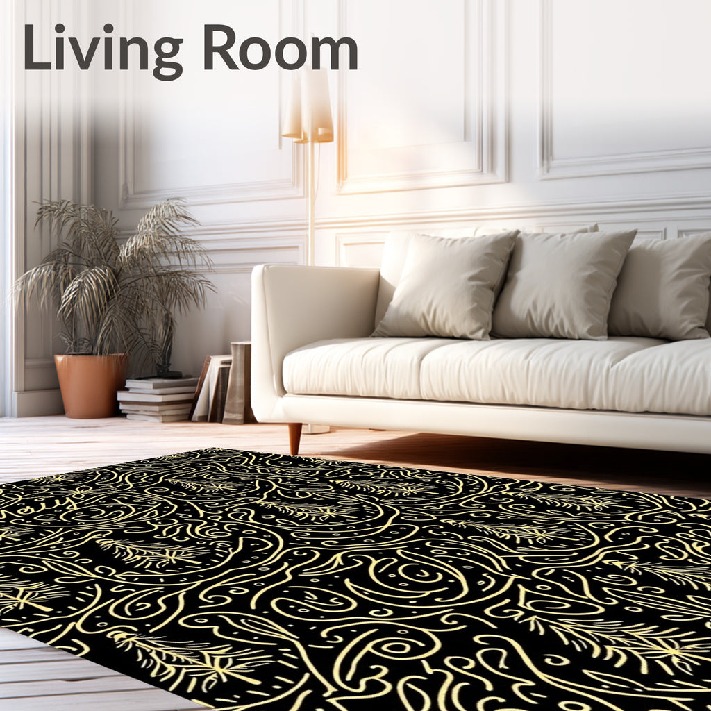 Yellow Line Art Trees Black Background Rug