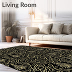 Yellow Line Art Trees Black Background Rug