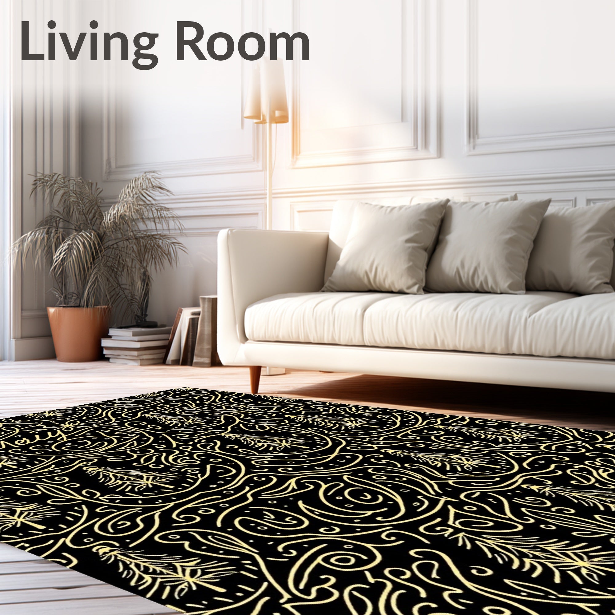 Yellow Line Art Trees Black Background Rug
