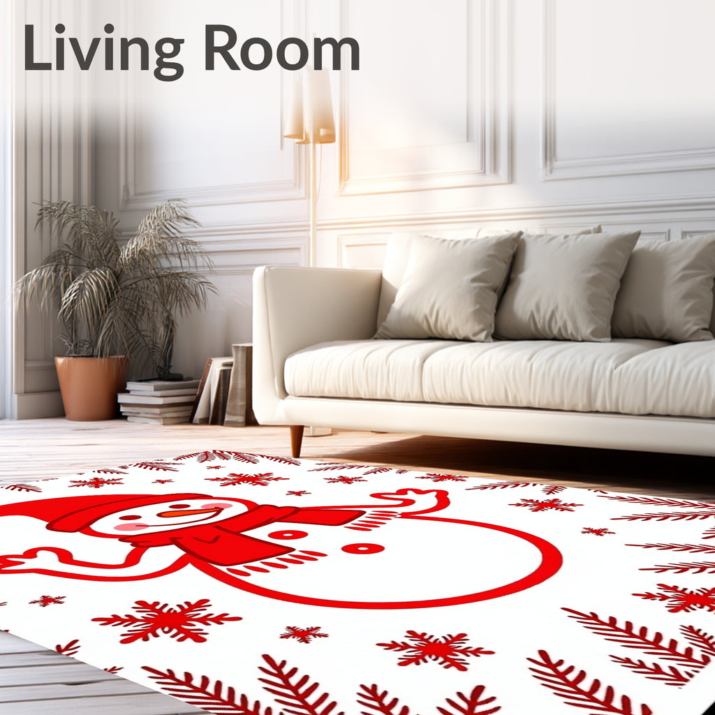 Red Snowman Snowflake Winter Scene Rug
