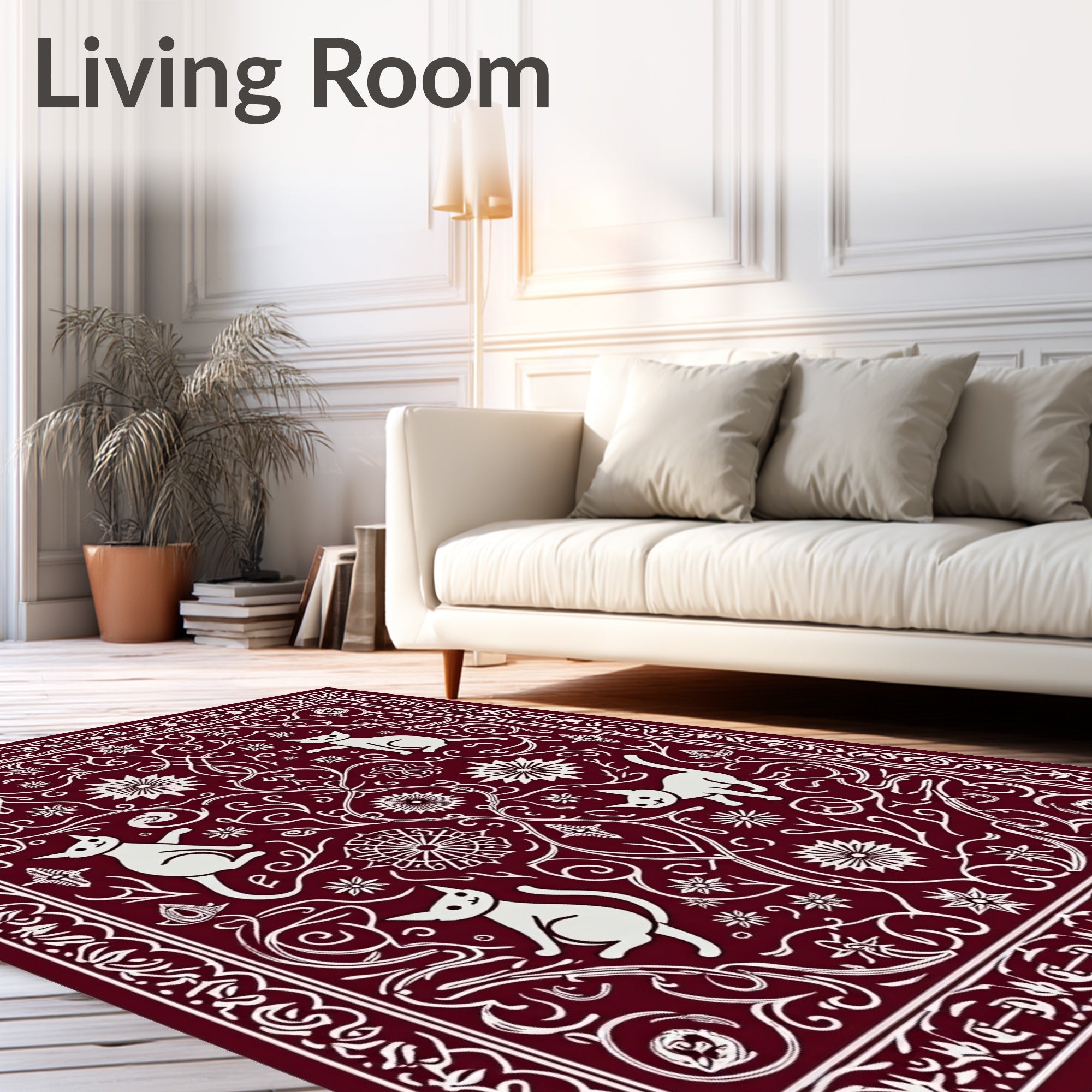 Crimson White Whimsical Cat Floral Rug