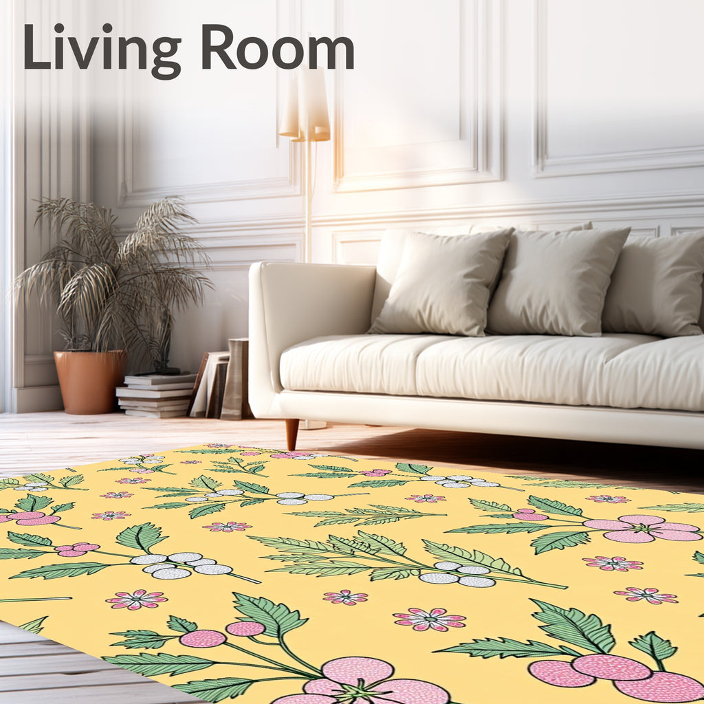 Pink Floral Berry Branches Yellow Background Rug