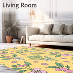 Pink Floral Berry Branches Yellow Background Rug