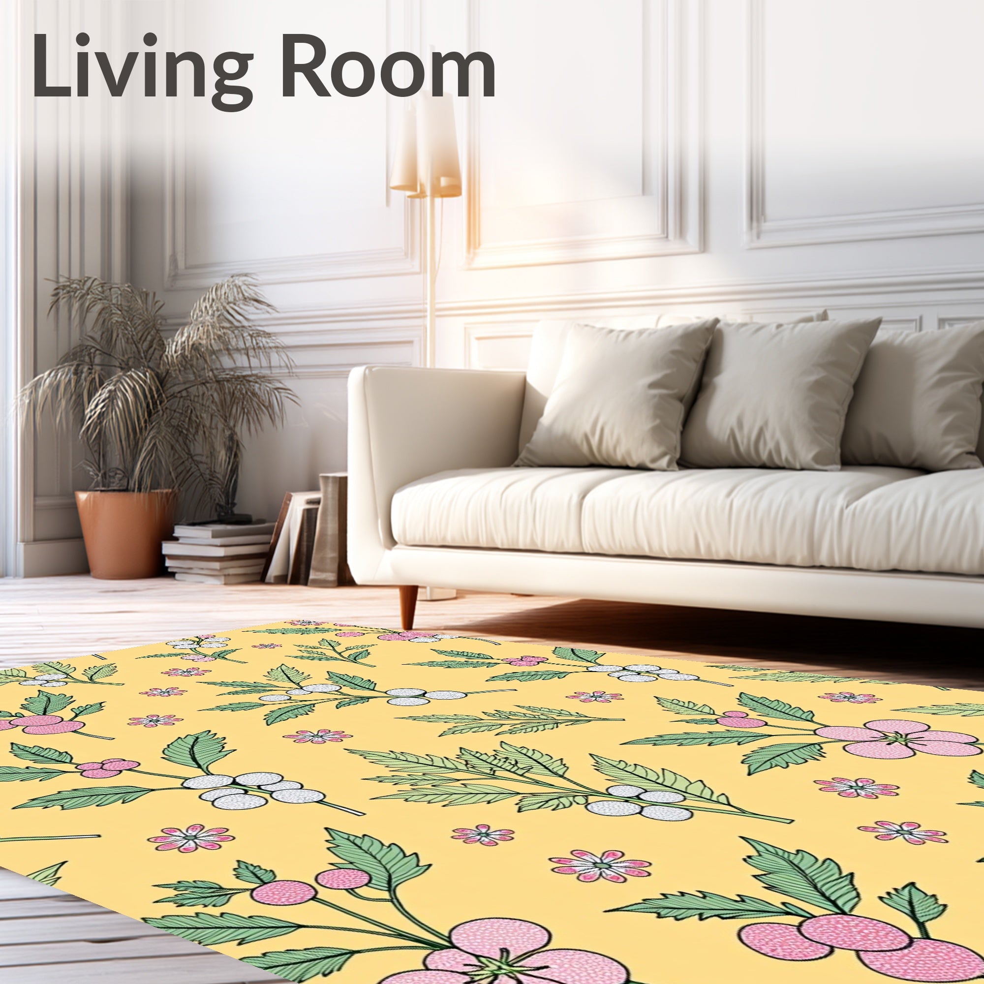 Pink Floral Berry Branches Yellow Background Rug