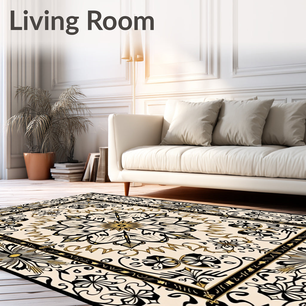 Cream Black Gold Floral Medallion Rug