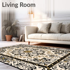 Cream Black Gold Floral Medallion Rug