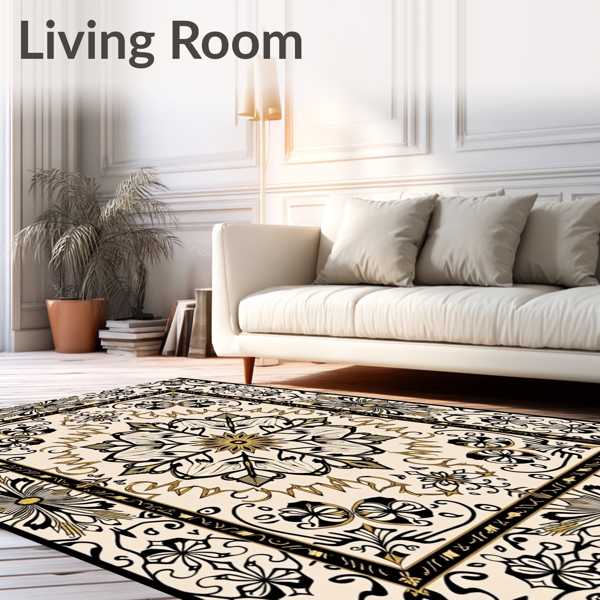 Cream Black Gold Floral Medallion Rug