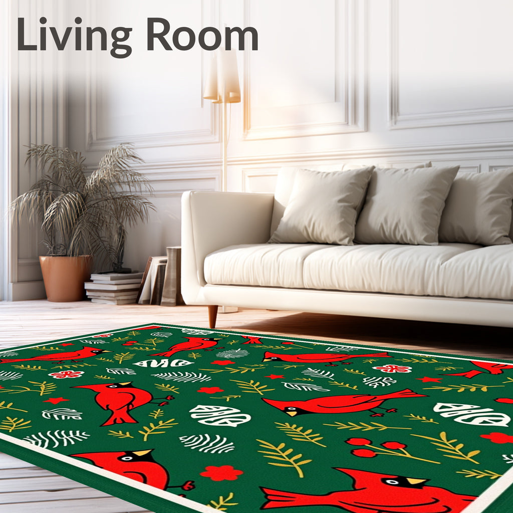Red Cardinals With Festive Green Background Rug