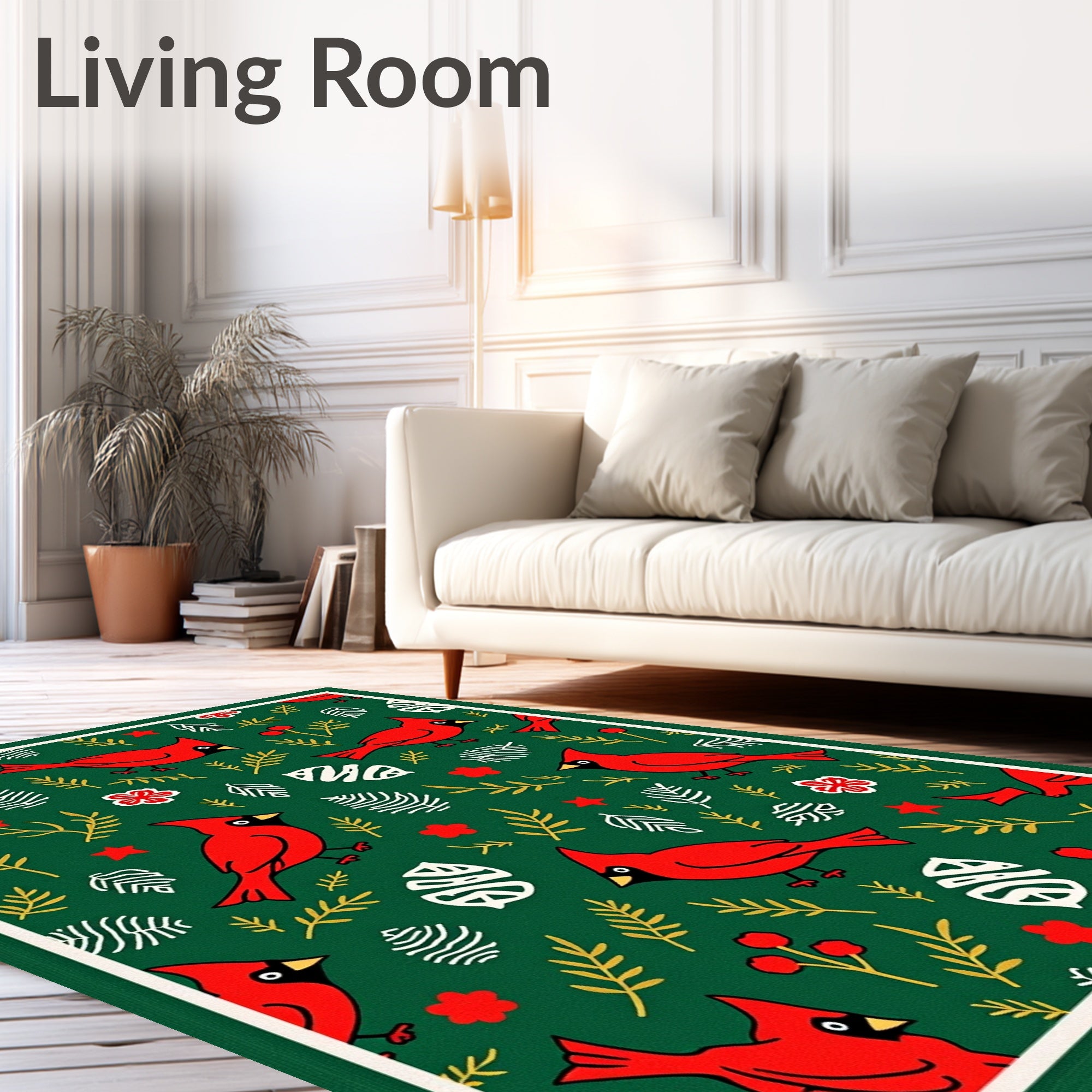 Red Cardinals With Festive Green Background Rug