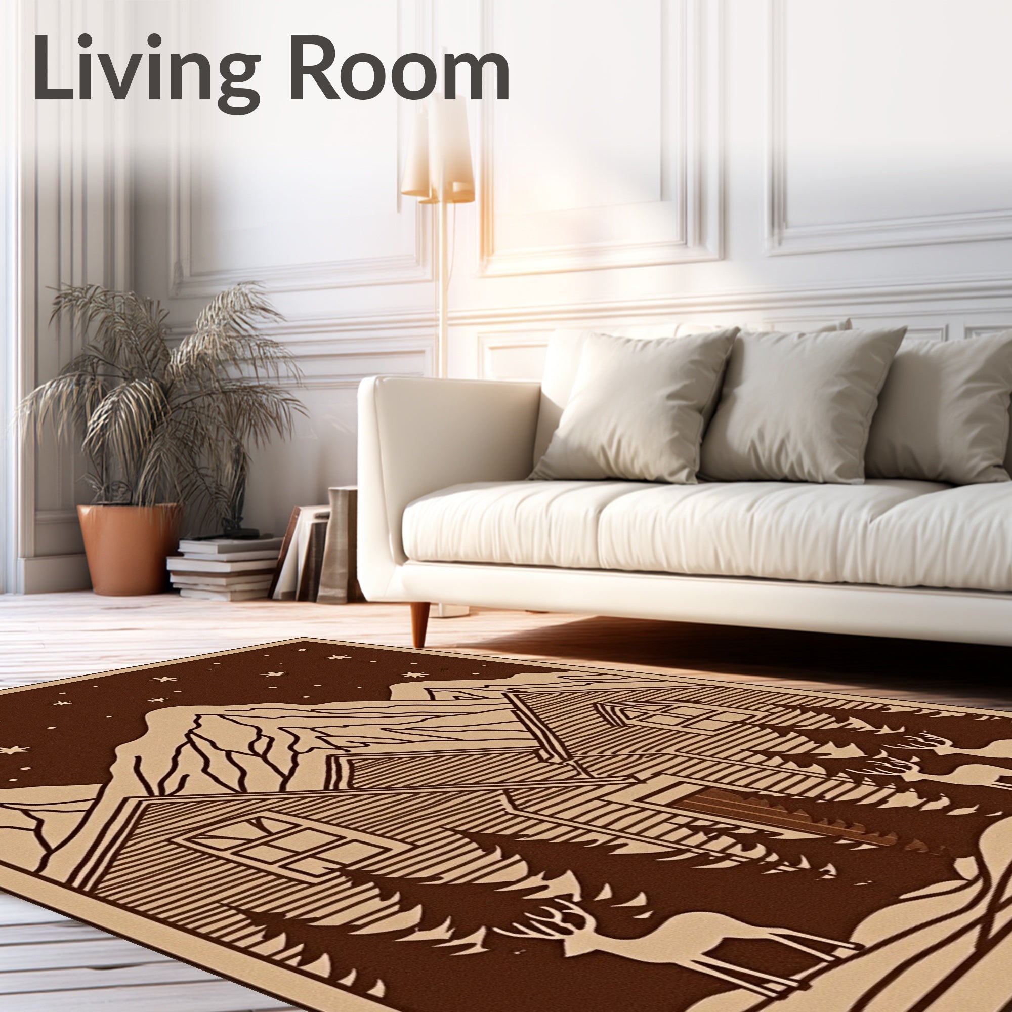 Winter Cabin Starry Night Deers Rug