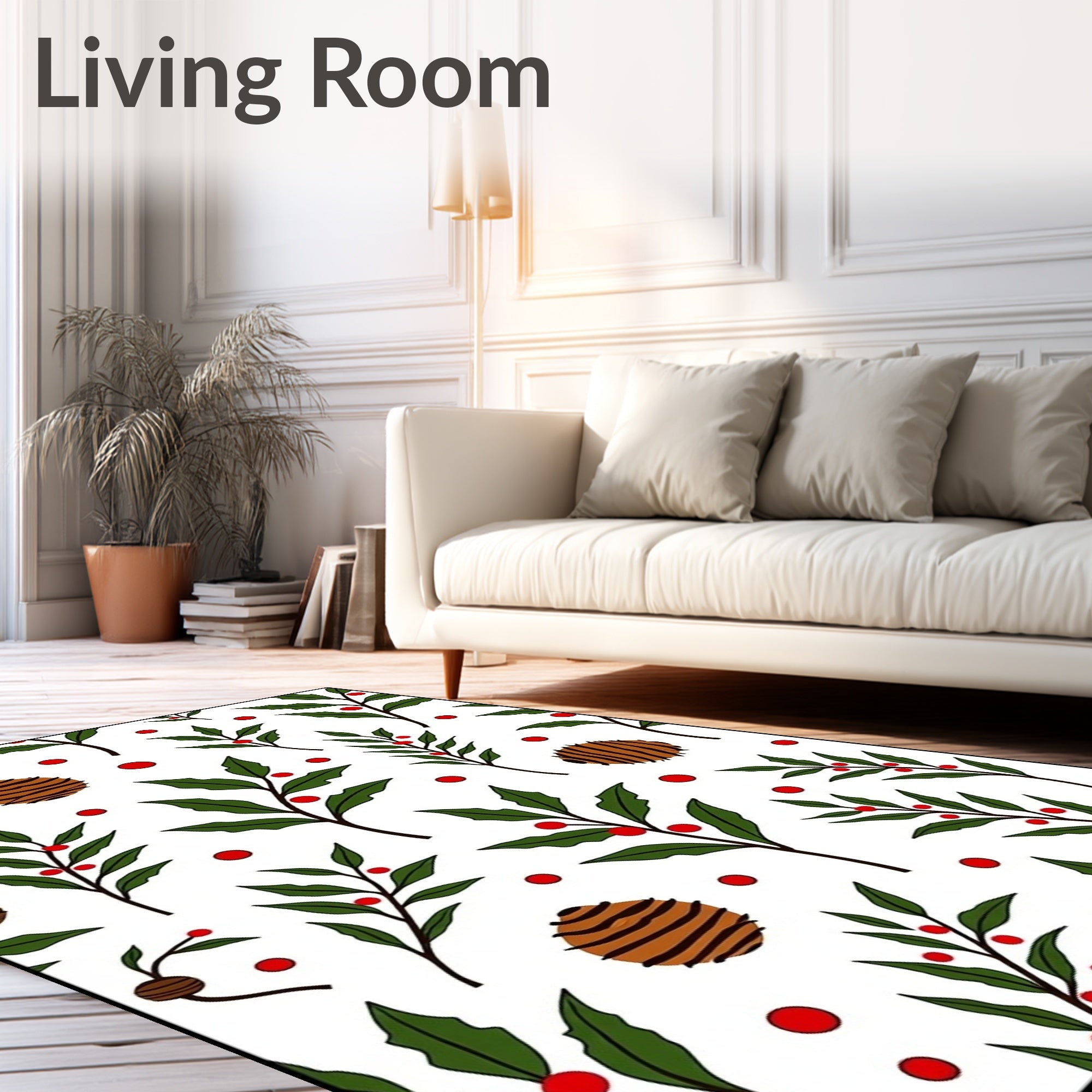 Green Leafy Branches Red Berries Orb Rug