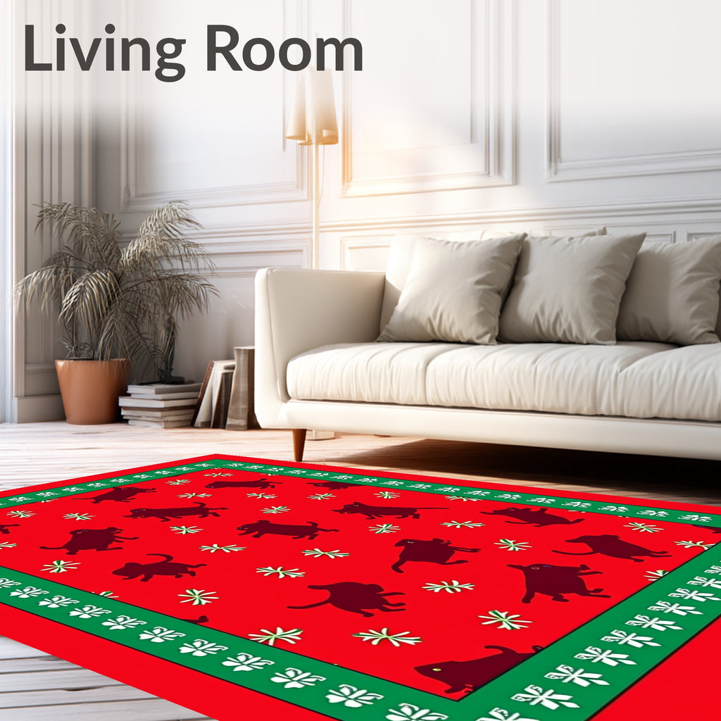 Red Whimsical Dogs Snowflakes Border Rug