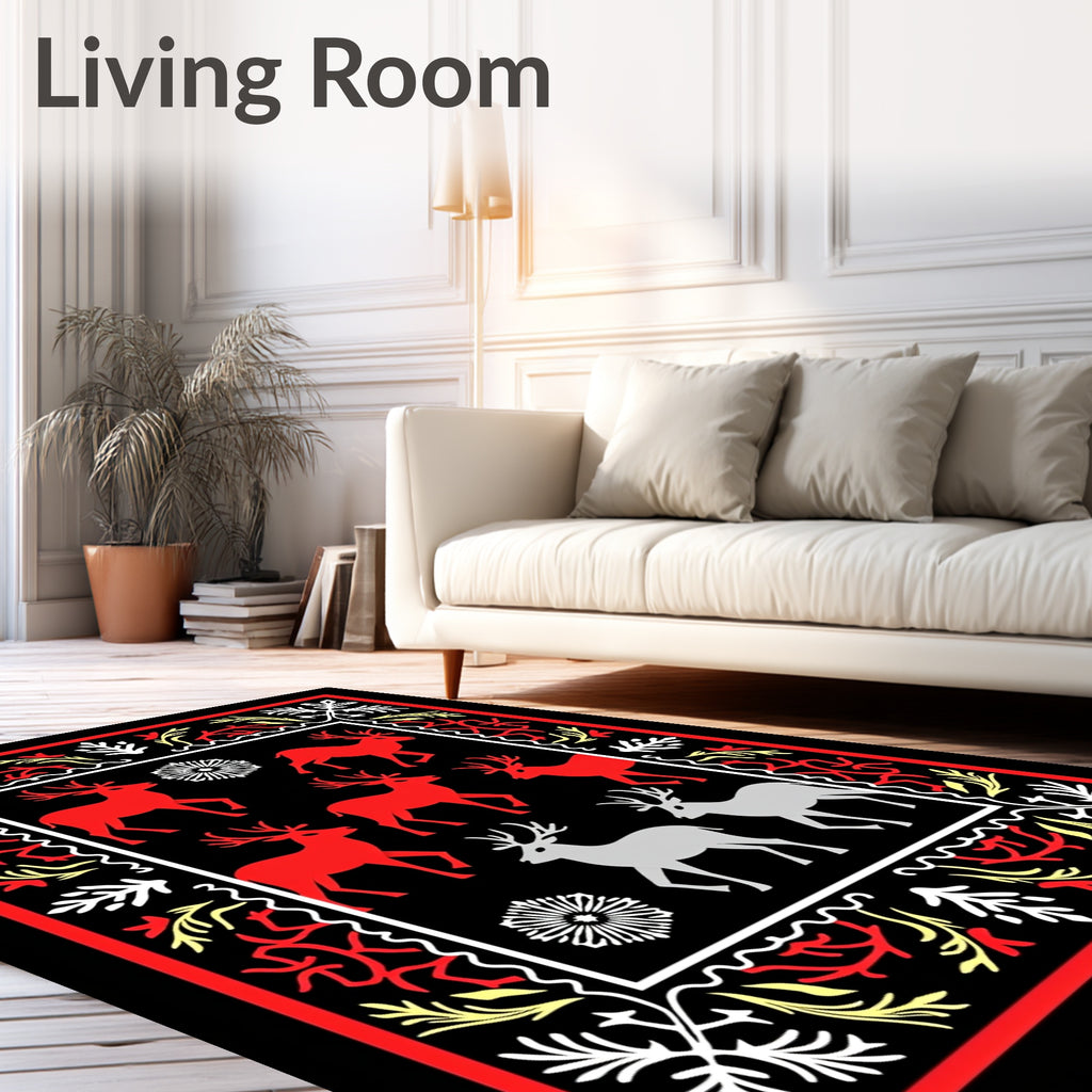 Red Silver Deer Folk Art Border Rug