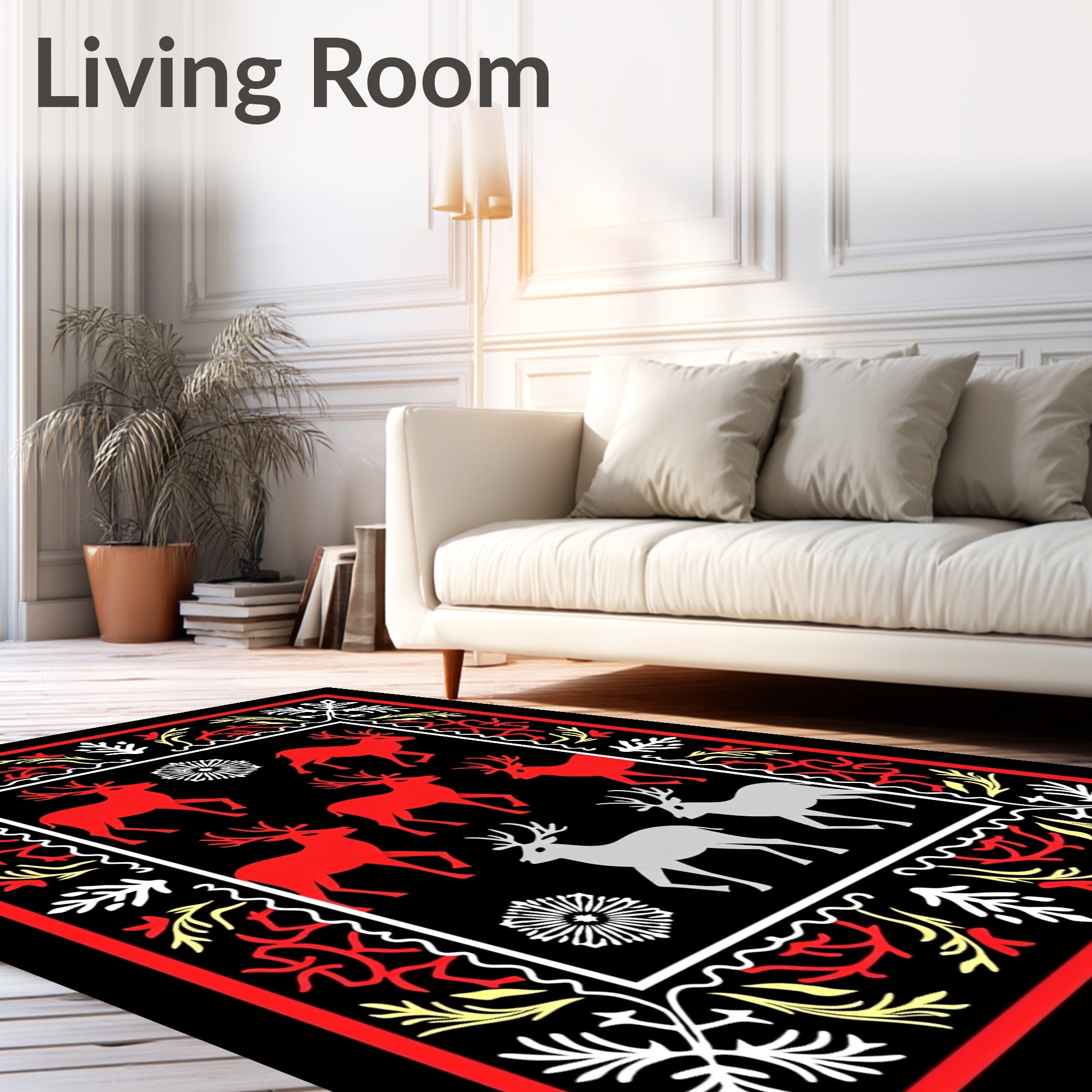 Red Silver Deer Folk Art Border Rug