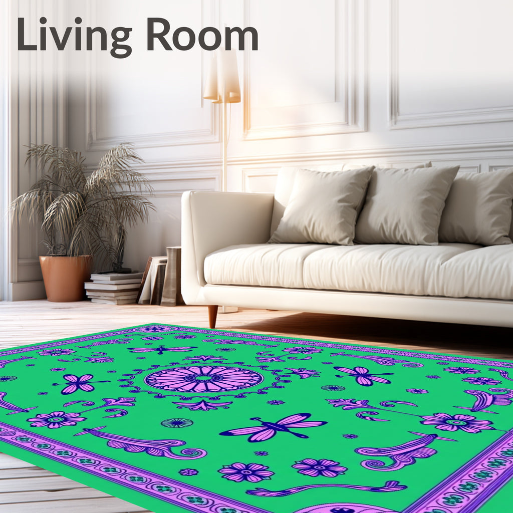 Vibrant Green Dragonfly Floral Medallion Rug