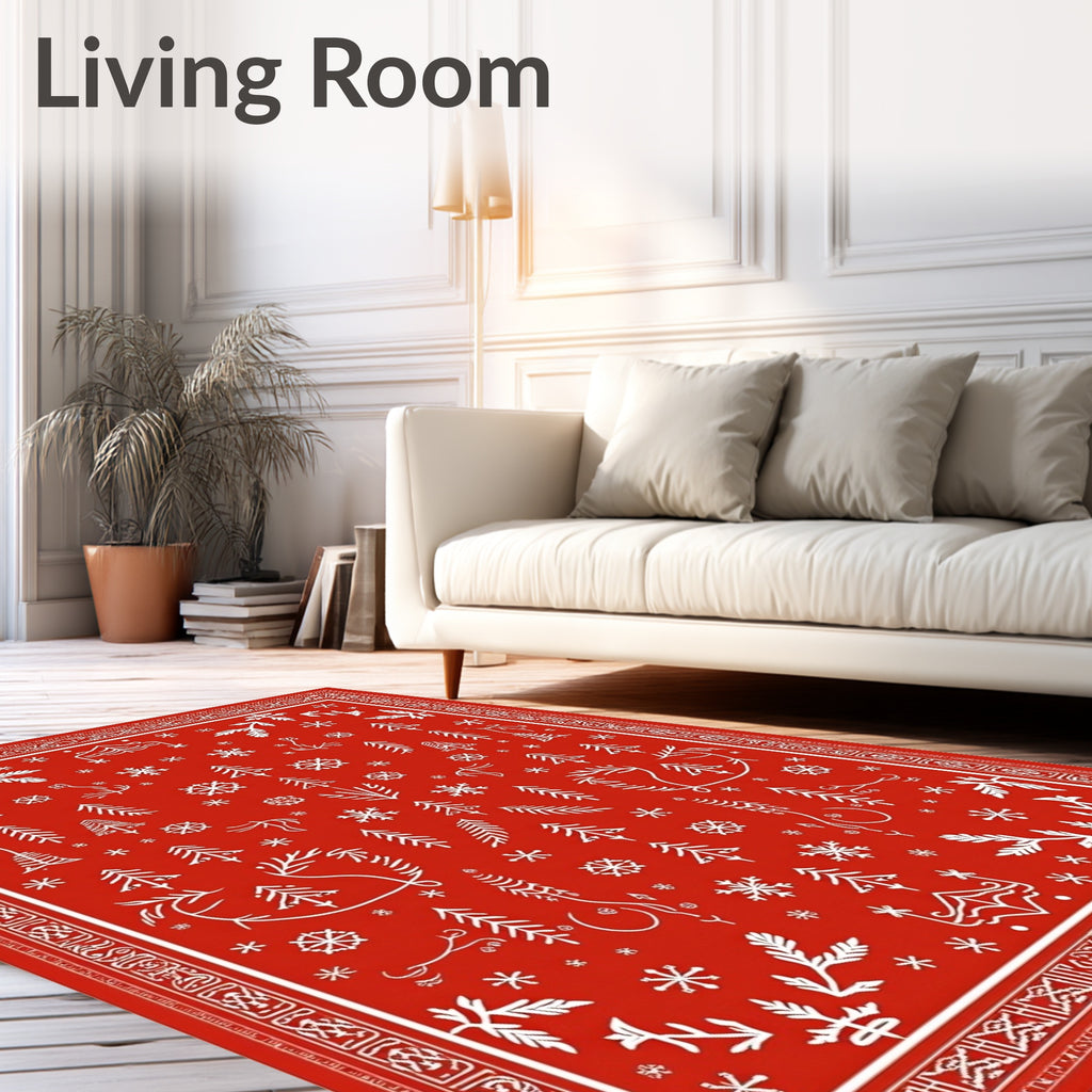 Crimson Winter Forest Snowflake Arrangement Rug