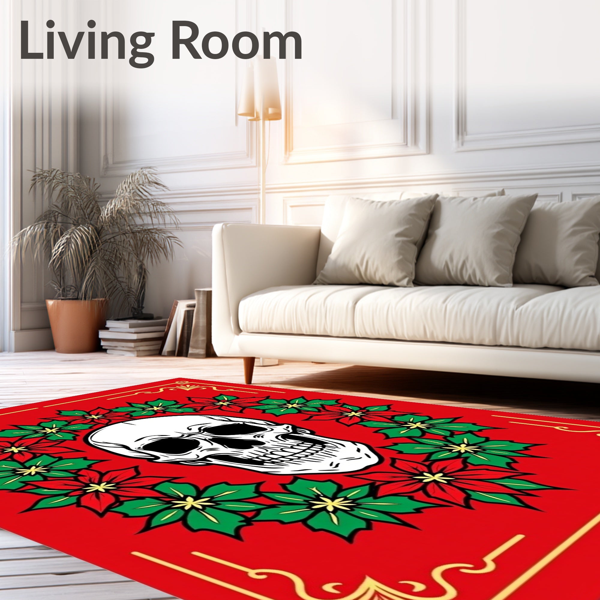 Crimson Skull Floral Wreath Rug