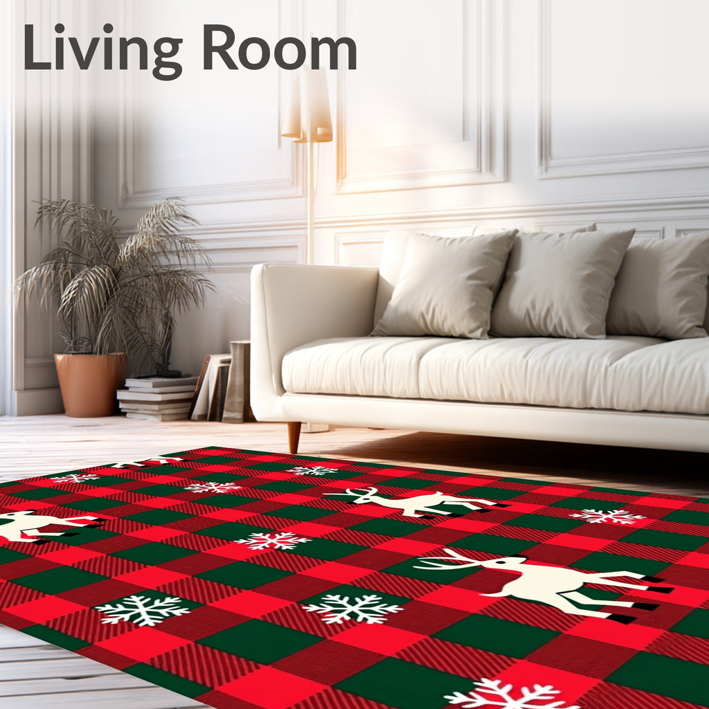 Red Green Buffalo Plaid Reindeer Snowflakes Rug