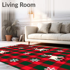 Red Green Buffalo Plaid Reindeer Snowflakes Rug