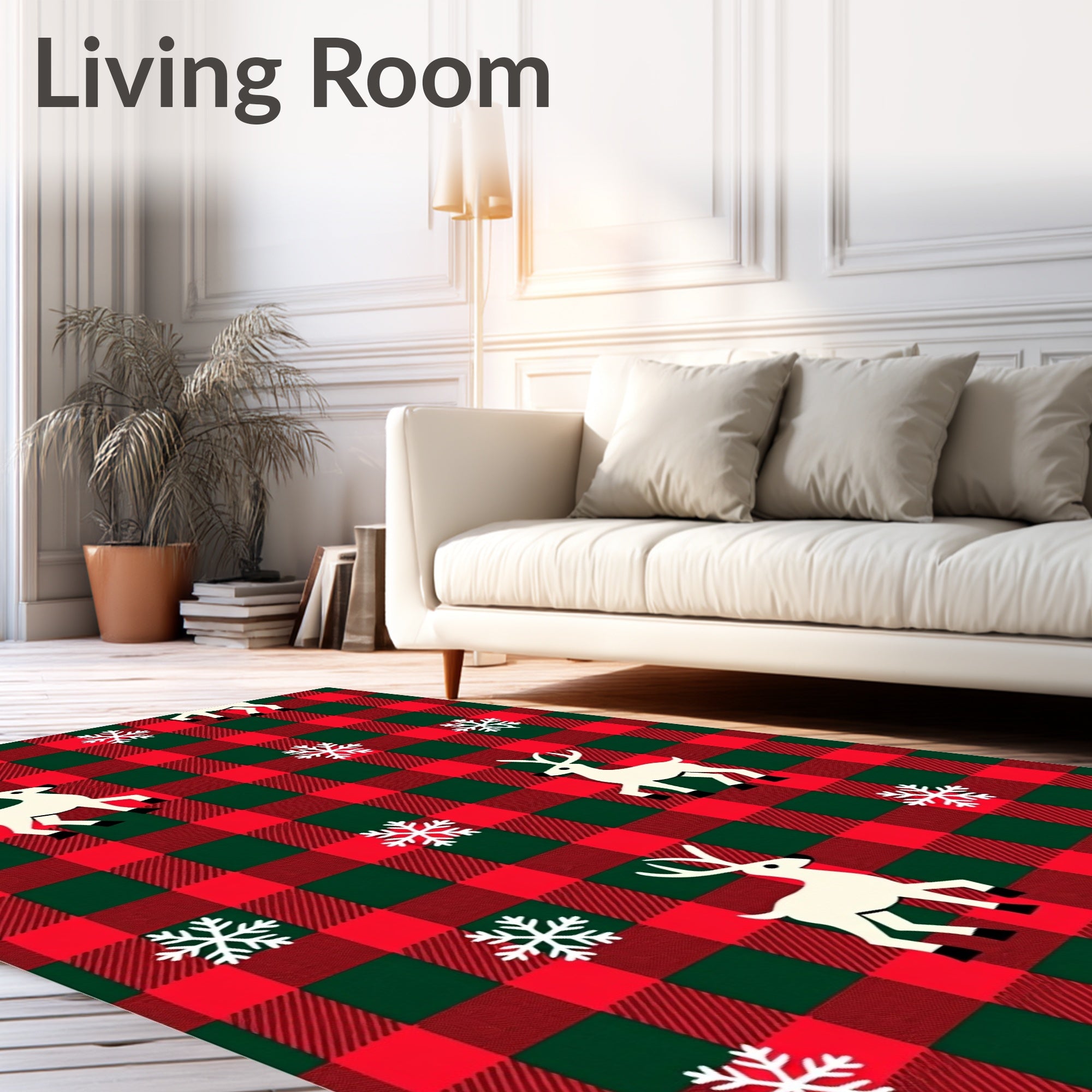 Red Green Buffalo Plaid Reindeer Snowflakes Rug