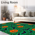 Spooky Orange Pumpkin Bat Swirl Green Rug