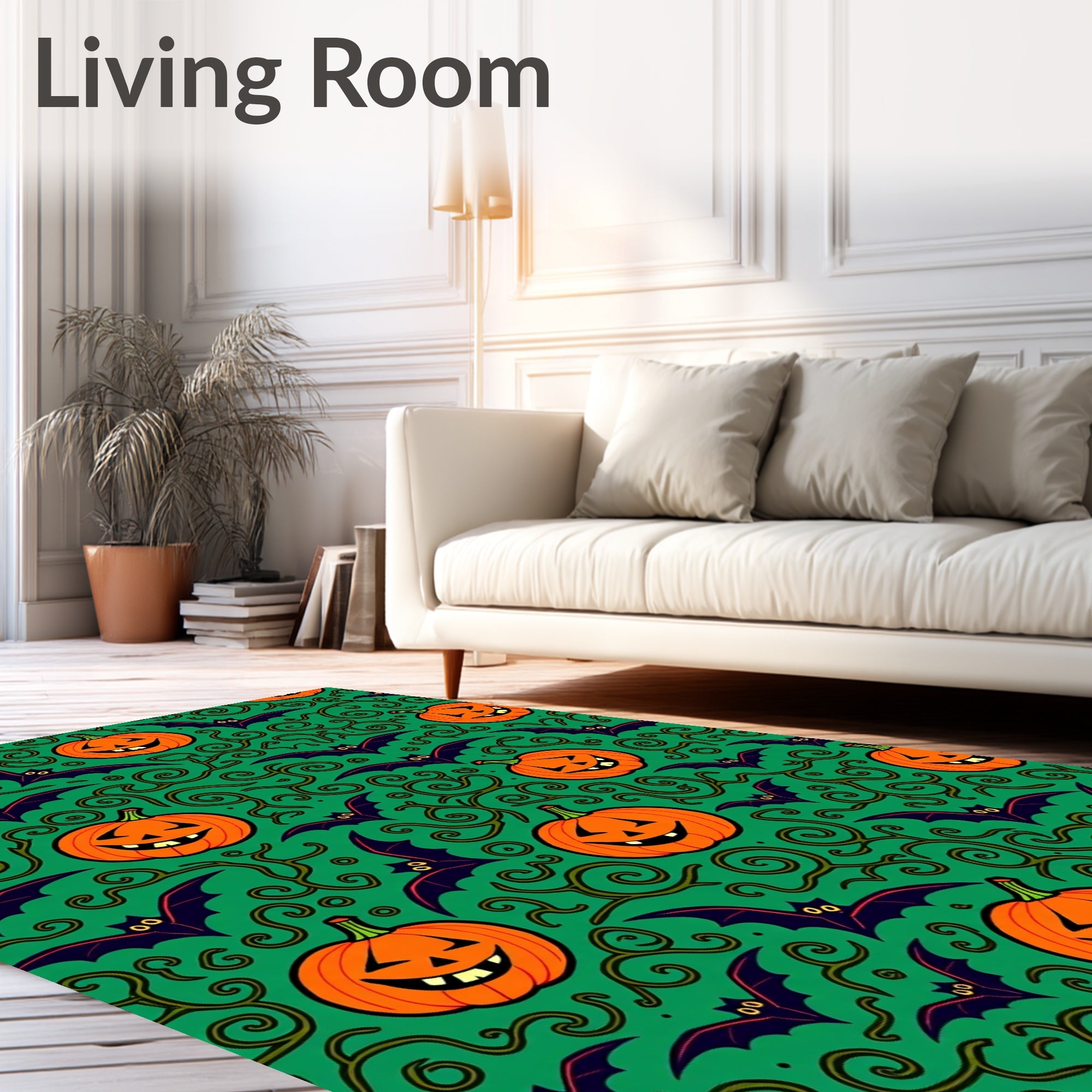 Spooky Orange Pumpkin Bat Swirl Green Rug