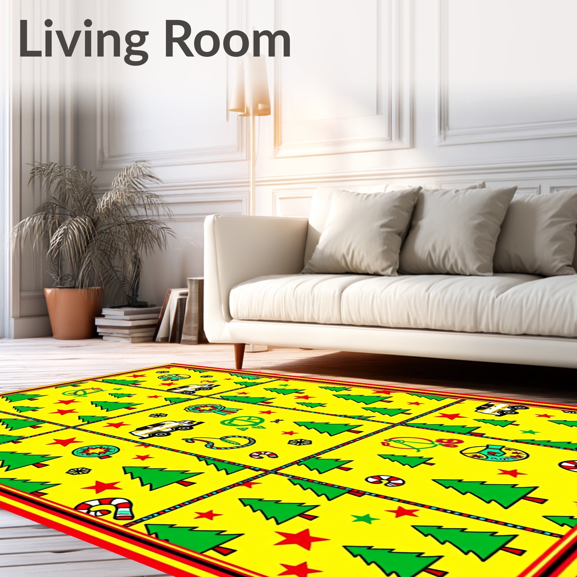 Festive Yellow Christmas Trees Candy Canes Rug