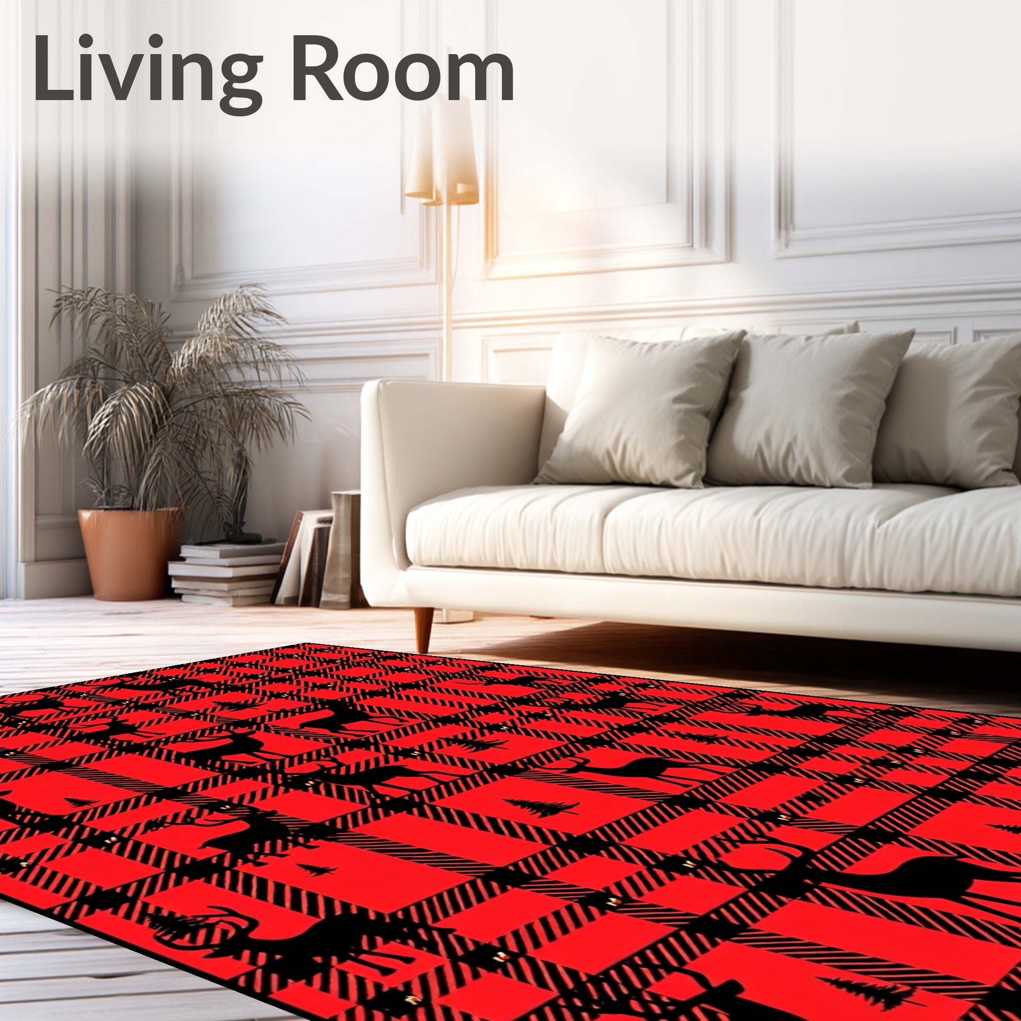 Red Black Plaid Deer Forest Rug