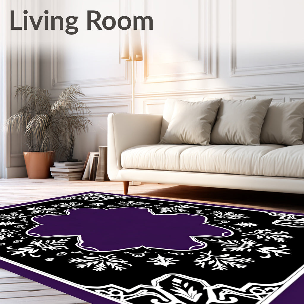 Deep Purple White Floral Medallion Border Rug