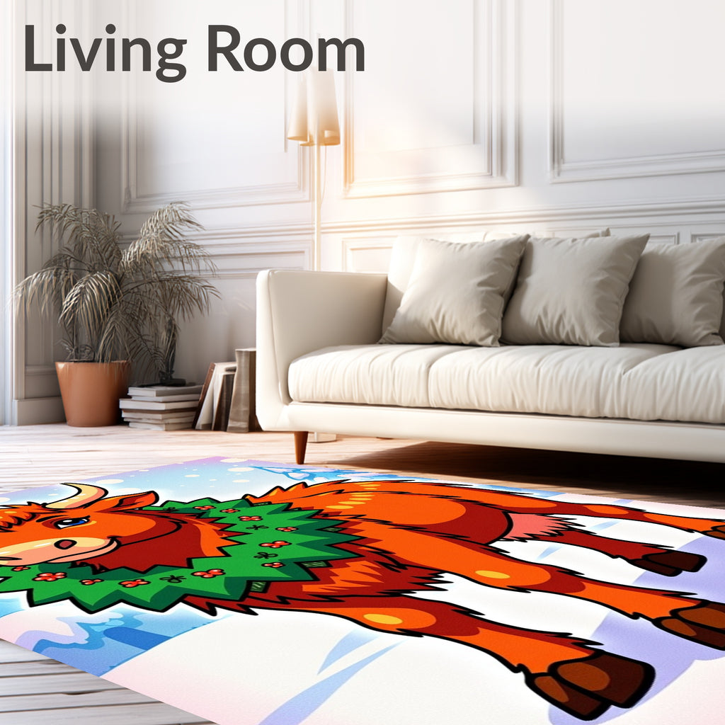 Whimsical Orange Bull Christmas Wreath Rug